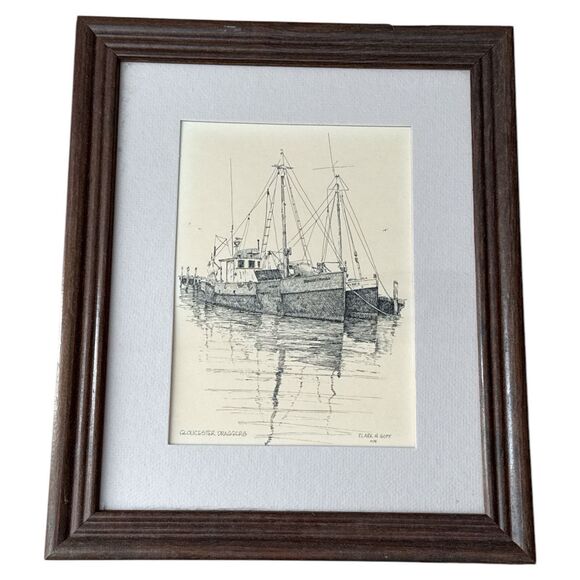 Clark M Goff 1974 Pen Ink Art Gloucester MA Draggers Harbor Scene Vintage - Picture 4 of 5
